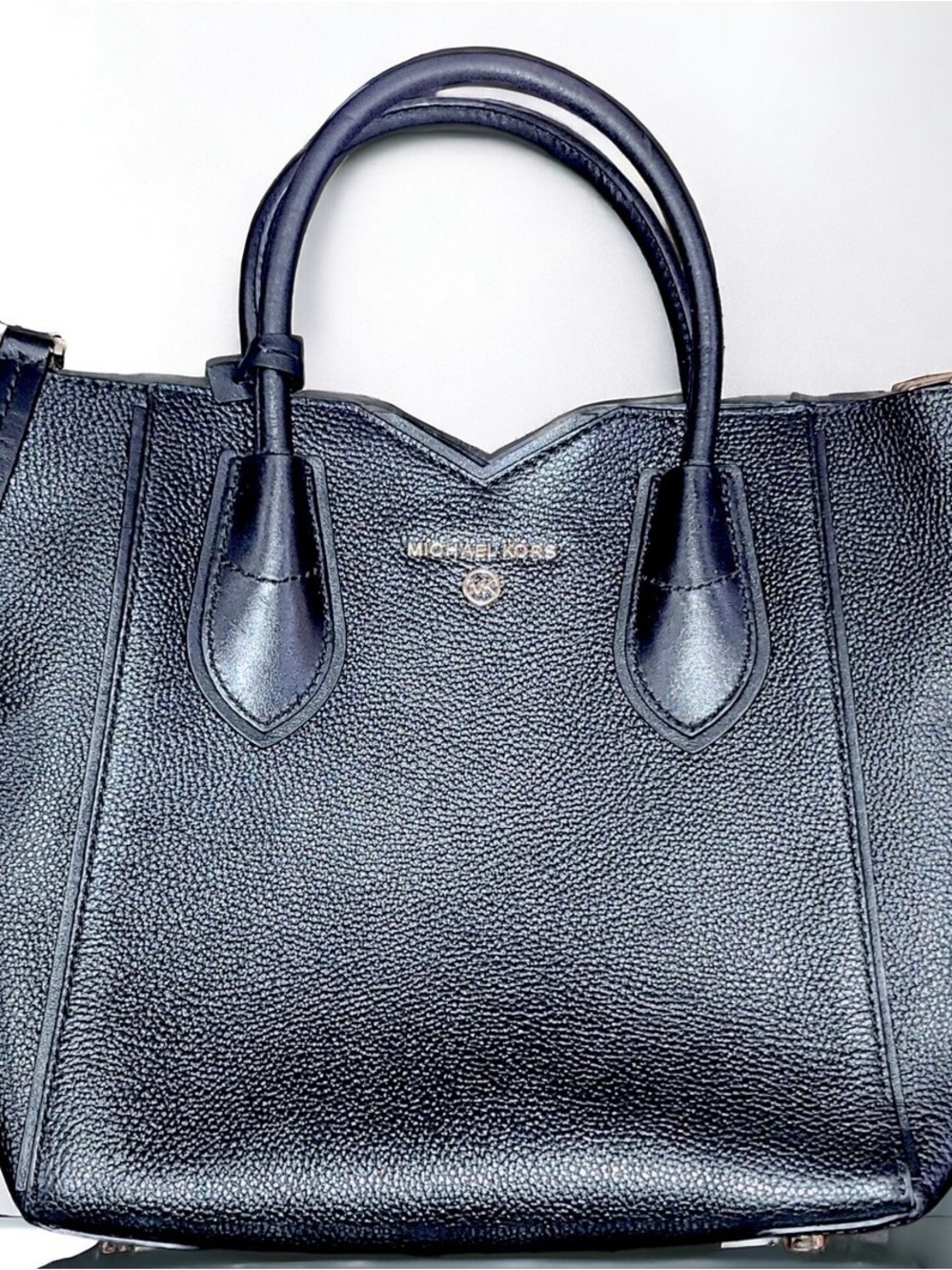 Michael Kors Black Pebbled Leather Structured Tote with Gold Logo